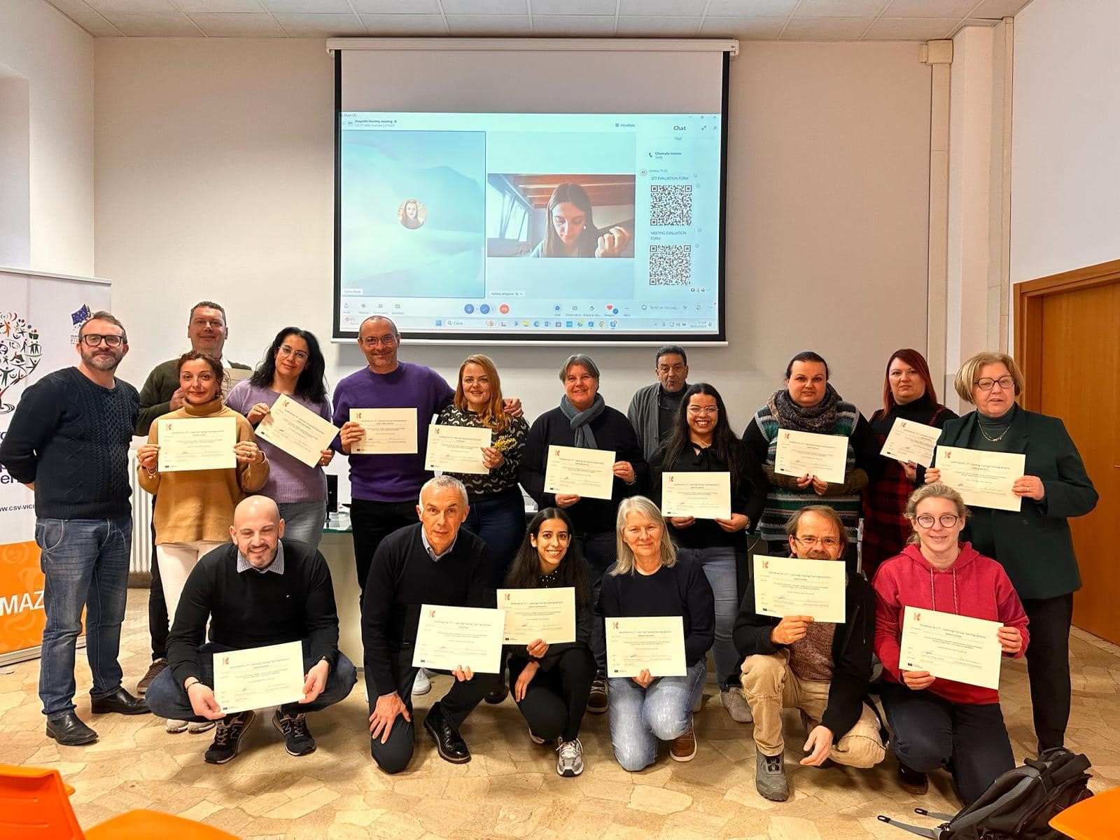 Participants of the LTT in Vicenza showing their certificate